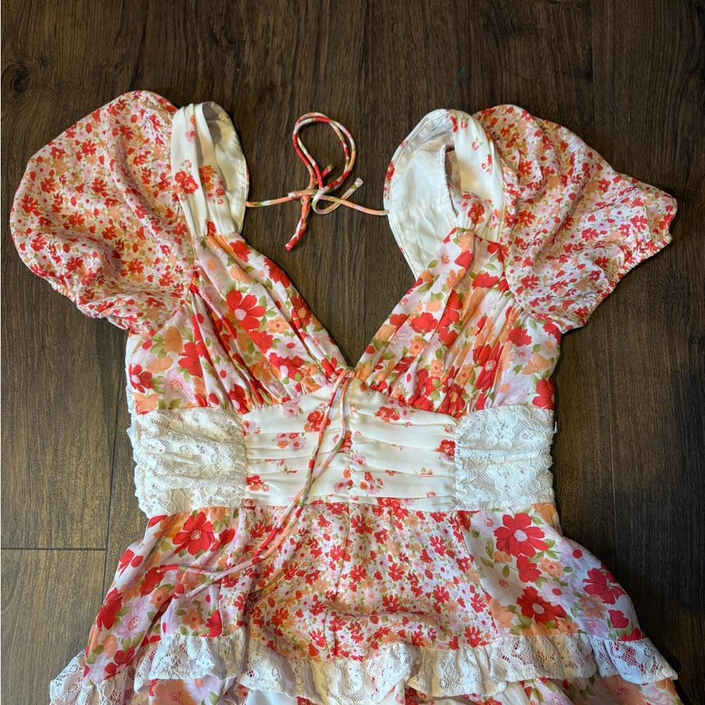 Altar'd State Floral Dress with Lace in Red and Pink - Picture 3 of 5